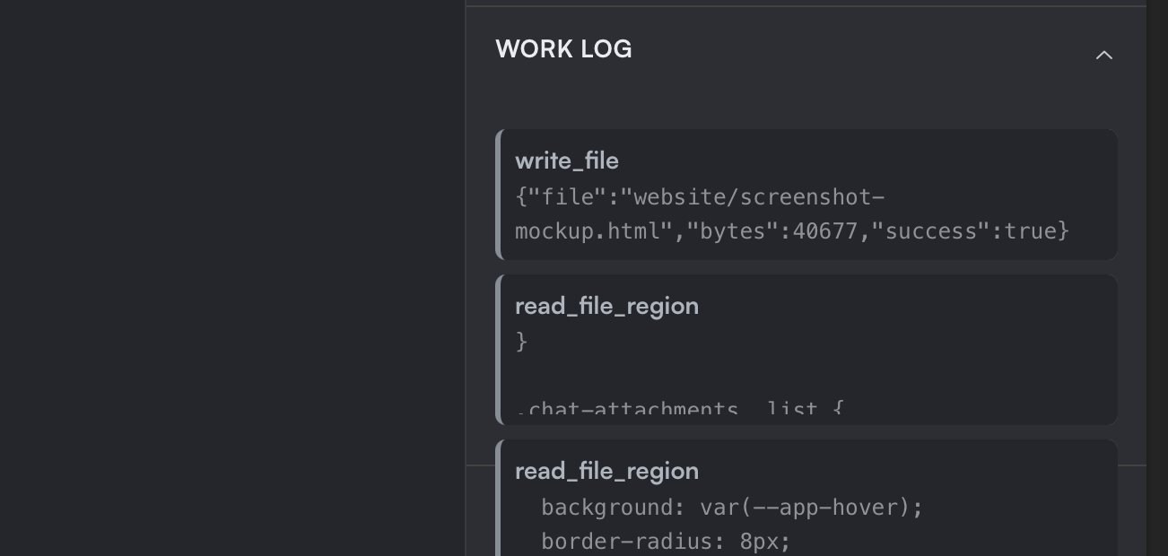 Work log and tool status